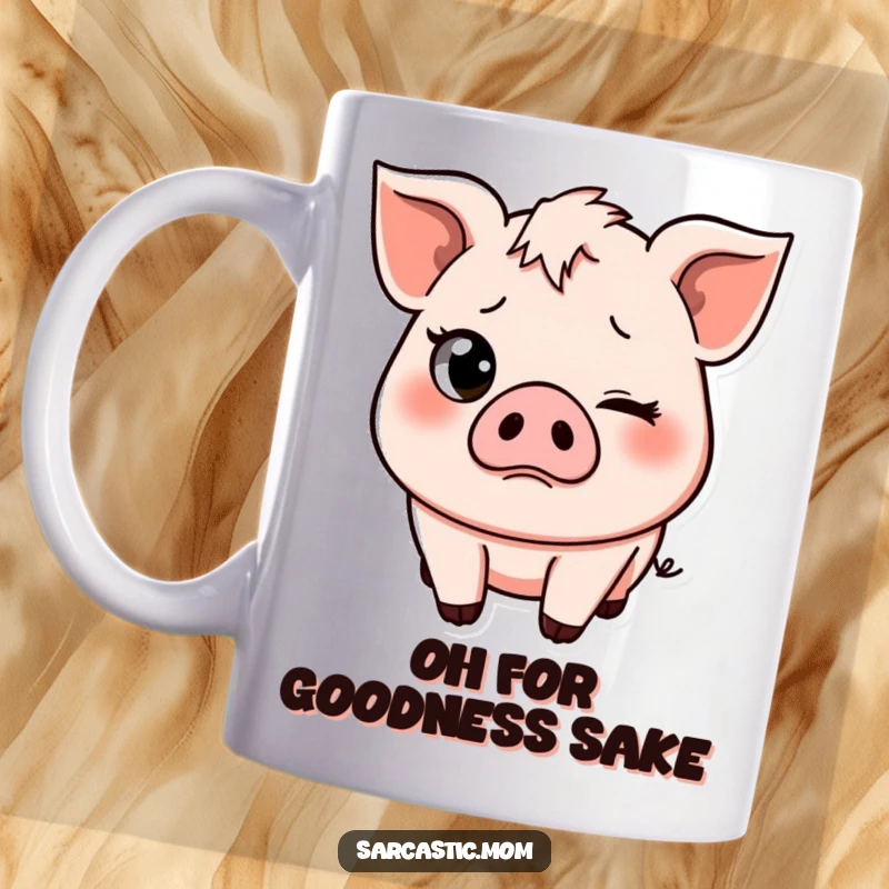 Funny pig mom character with a dramatic eye-roll and a slight frown, conveying relatable maternal exasperation. Ideal for a coffee mug.
