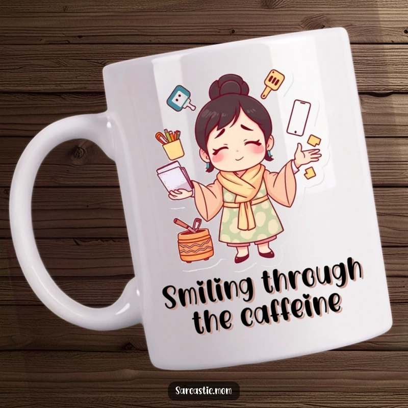 Funny mug with a mother figure juggling many tasks with a strained smile, humorously depicting the chaos and demands of motherhood.