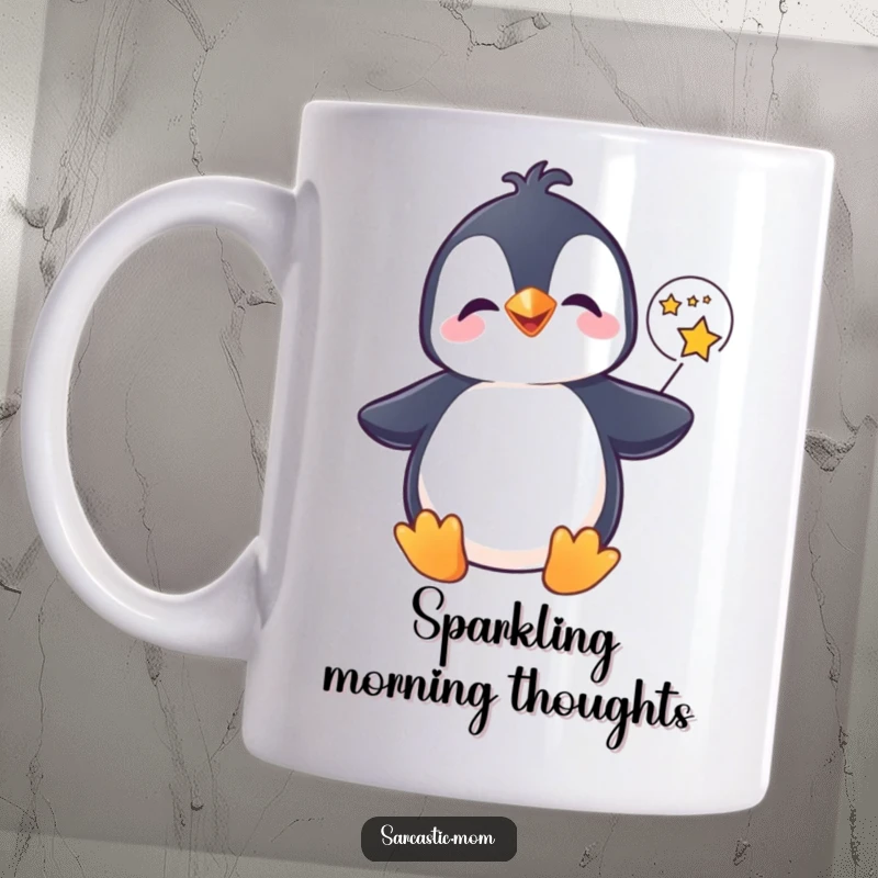 Funny giggling penguin mug, holding a speech bubble filled with twinkling stars, radiating joy. A delightful funny gift.