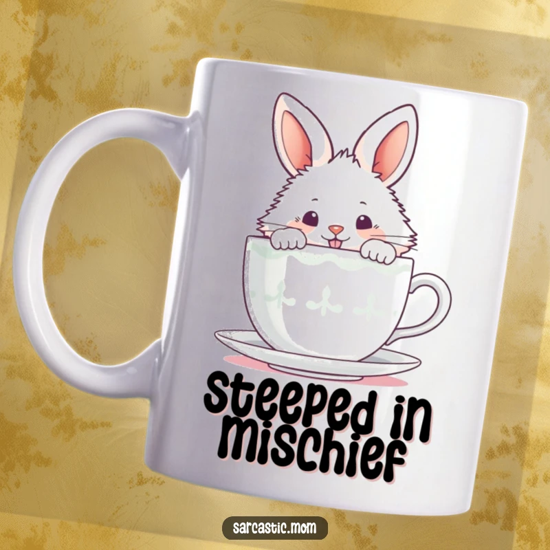 Funny fluffy bunny peeking over a steaming teacup with a mischievous grin, captured on a ceramic mug.