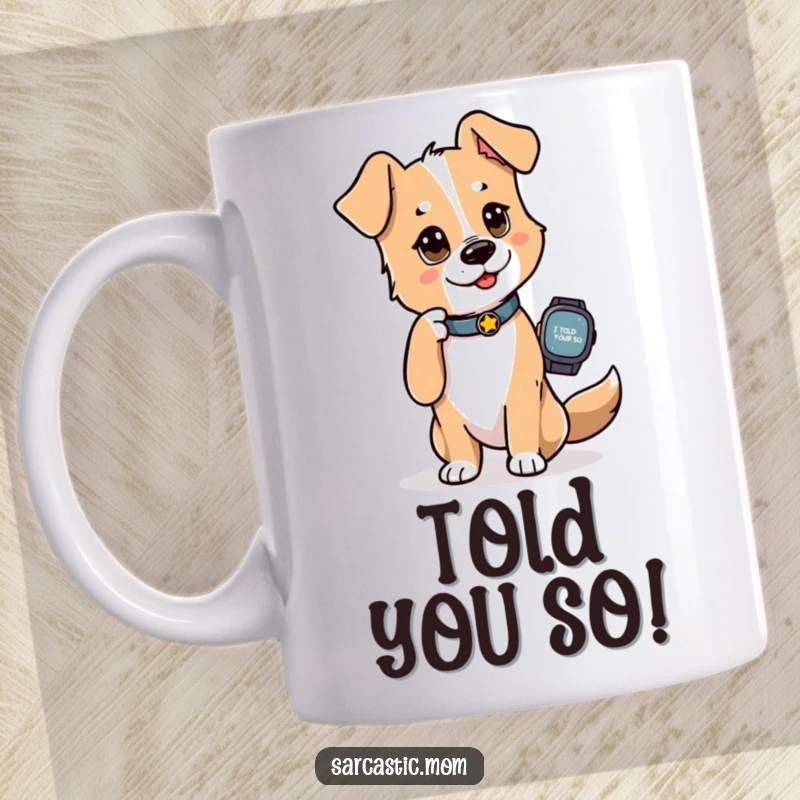 Funny Dog Mom Mug, a dog mom tapping her watch with an smug 'I told you so' expression, highlighting foresight and humor.