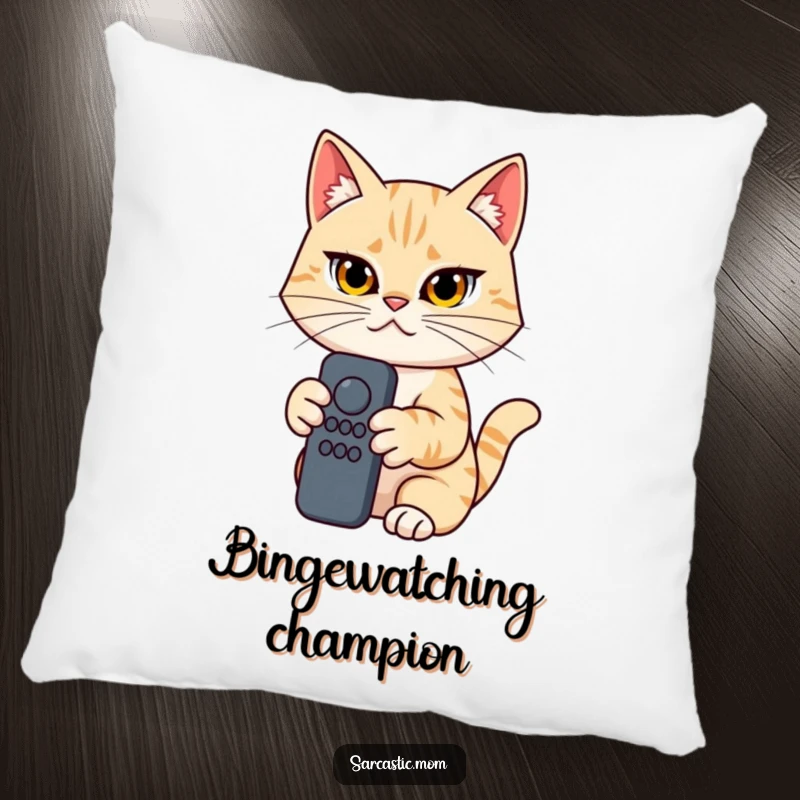 Funny Cat Mom Pillow, determined woman holding a remote control, soft cushion, a humorous and comfy gift.