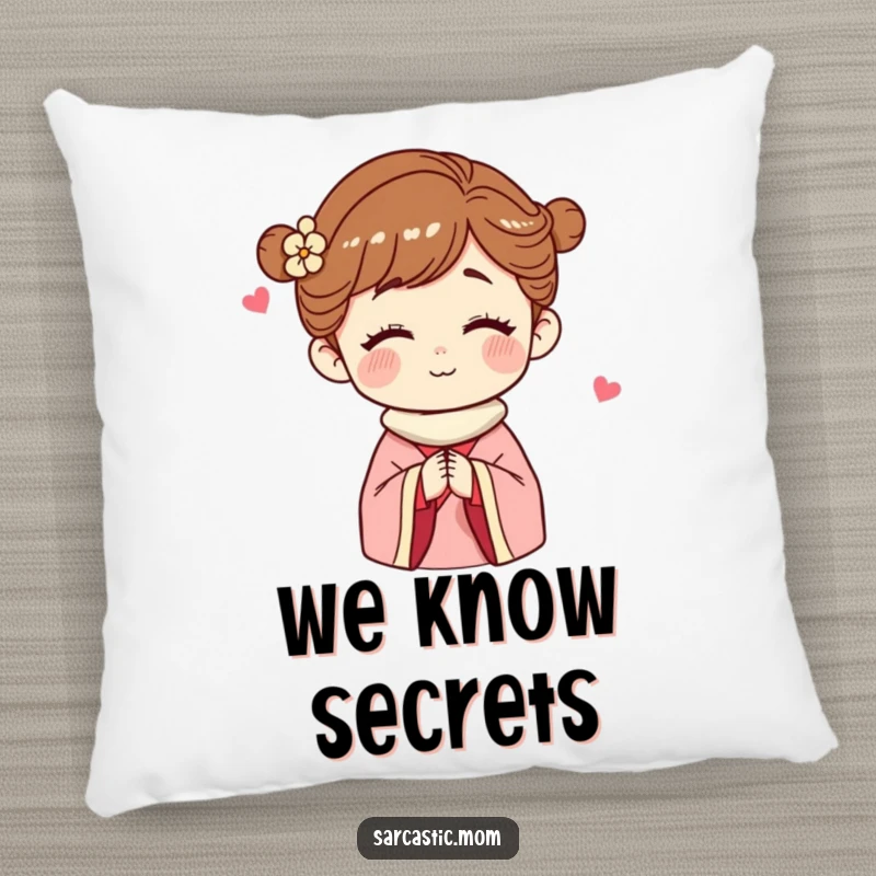 Funny Pillow with a mother figure winking, offering comfort and a hint of playful conspiracy, ideal for humorous home decor.