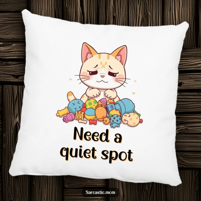 Funny Cat Mom pillow with an exasperated mother cat looking at scattered toys, offering comfort and gentle humor.