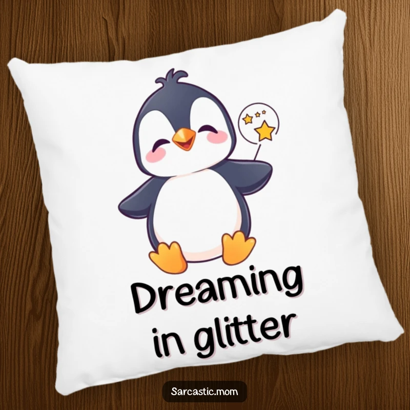 Funny penguin pillow, giggling and holding a speech bubble with stars, offering cozy comfort and magic. An adorable funny gift.