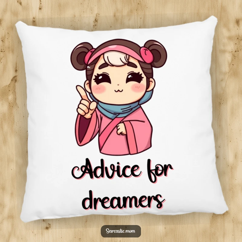 Funny pillow with a mother figure offering unsolicited advice with a pointed finger, offering cozy humor and a relatable depiction of maternal guidance.