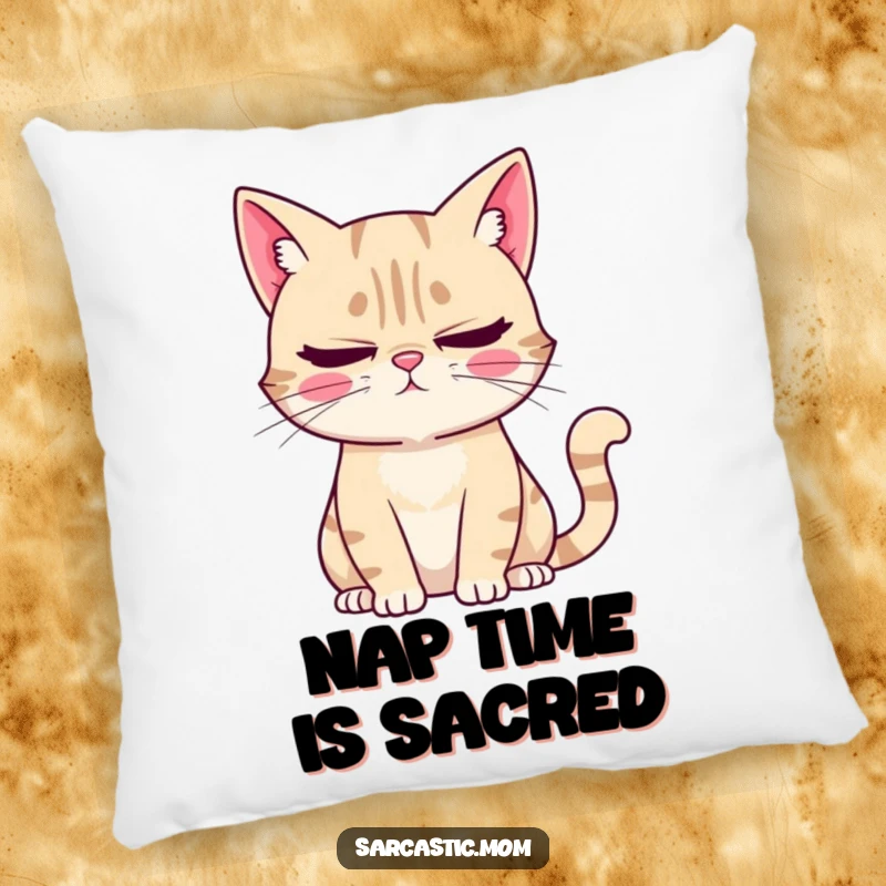 Funny Pillow: A sarcastic cat mom character with an eye-roll and sigh, offering comfort and humor for feline enthusiasts.