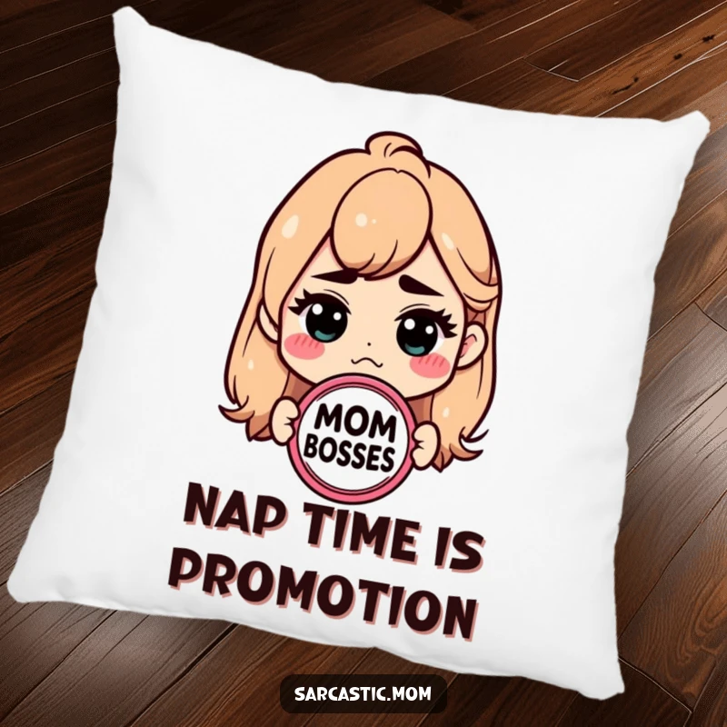 Funny Mom Boss pillow with a sarcastic badge. Cozy and humorous home decor.