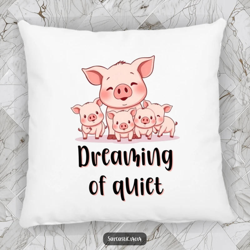 Funny mother pig character looking slightly overwhelmed by energetic piglets on this soft, decorative, and humorous pillow.