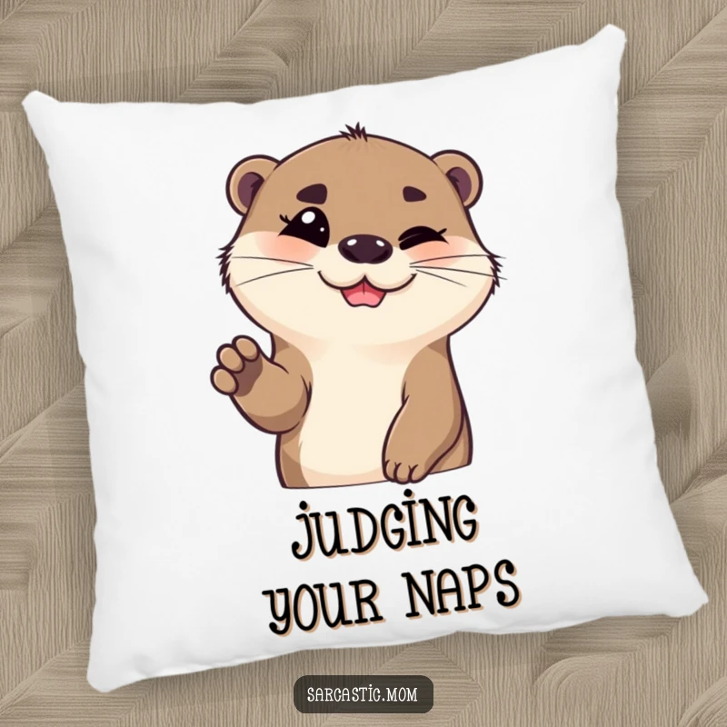 Funny otter pillow, with a raised eyebrow and paw gesture, offering cozy comfort and playful sass. An adorable funny gift.