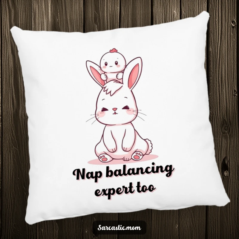 Funny pillow with a bunny mom balancing a baby on her head, adding a touch of soft humor to any space.