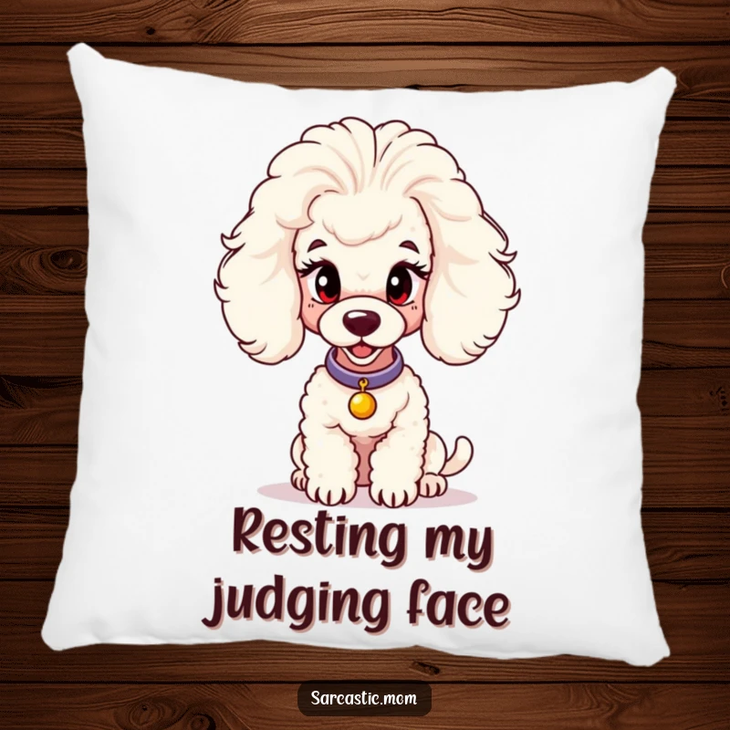Funny pillow featuring a stylish poodle mom illustration, perfect for adding a humorous and chic touch to any room.