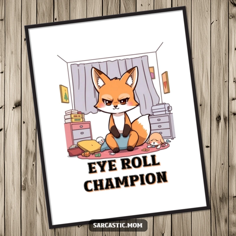 Funny Sarcastic Fox Mom Digital Art Print, a fox mom's dramatic eye-roll captured in a humorous illustration, ready for printing.