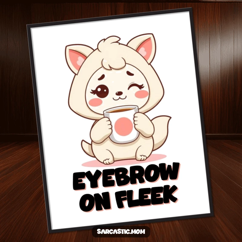 Funny Kawaii mother animal digital art print, holding coffee, with a raised eyebrow, perfect for humorous decor, a great funny gift.