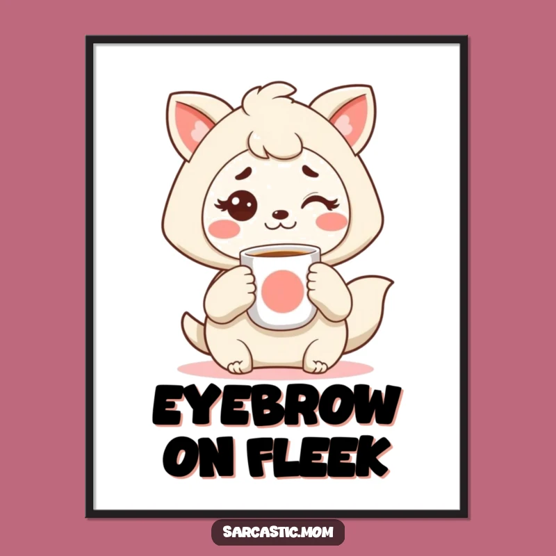 Funny Kawaii Mom Digital Art: Coffee & Raised Eyebrow - Instant Decor Gift