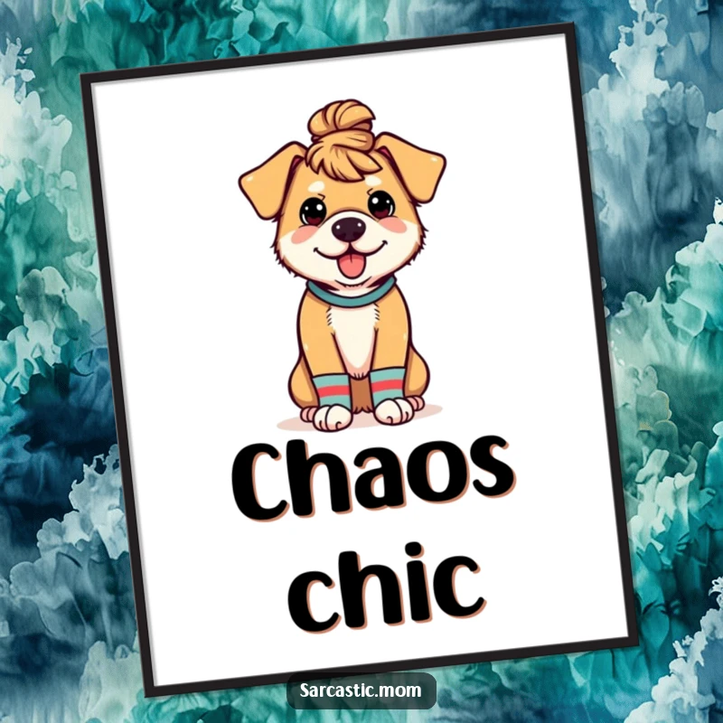 Funny digital art print of a dog mom with a messy bun and mismatched socks, offering instant, humorous wall decor for dog lovers.