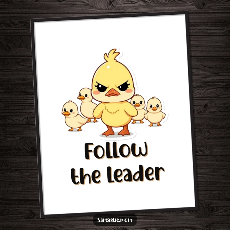 Funny determined mother duck character leading a chaotic line of ducklings, depicted in a humorous and charming digital art print.