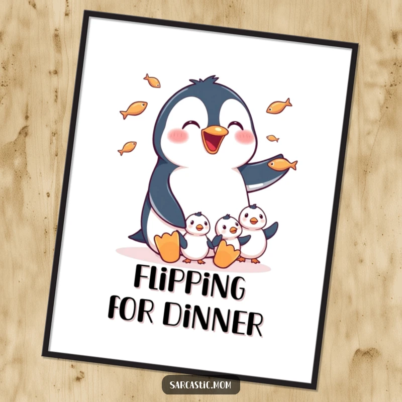 Funny Digital Art Print: A happy penguin mom juggling tiny fish for her chicks, offering instant, heartwarming, and humorous decor.