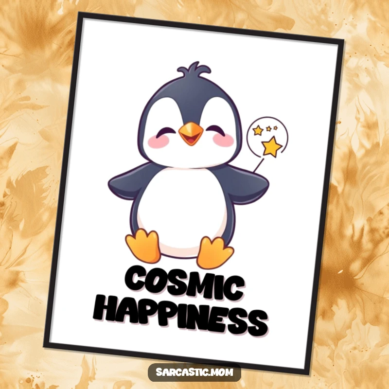 Funny penguin digital art print, giggling with a star-filled speech bubble, ready for framing with magic. A downloadable funny gift.