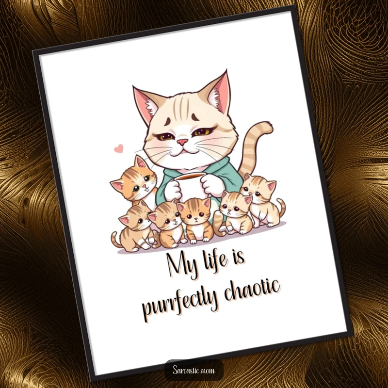 Funny Weary Cat Mom Digital Art Print, artfully depicting a coffee-loving mom amidst playful, chaotic kittens, ready for printing.