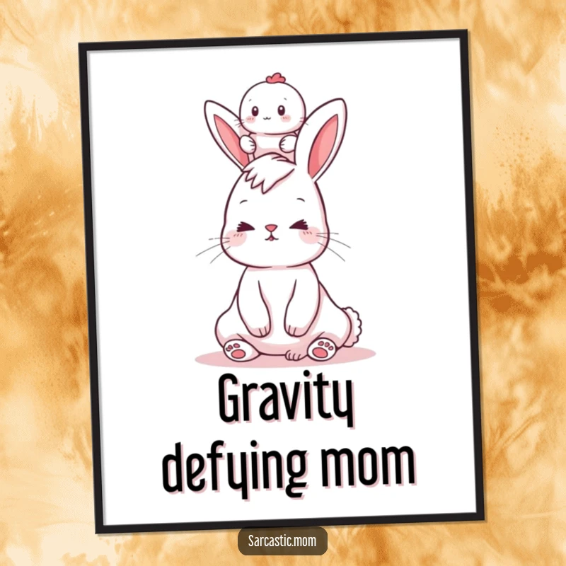 Funny digital art print of a bunny mom balancing a baby on her head, offering instant, humorous wall decor for any mom.