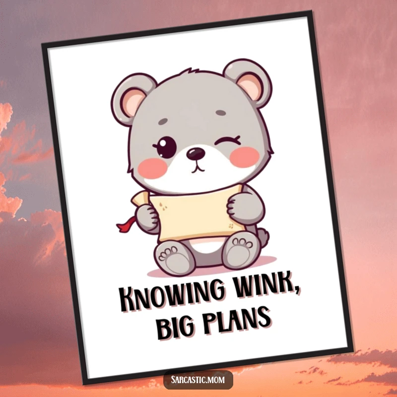 Funny cute bear cub with a knowing wink holding a tiny rolled-up scroll, available as a digital art print.