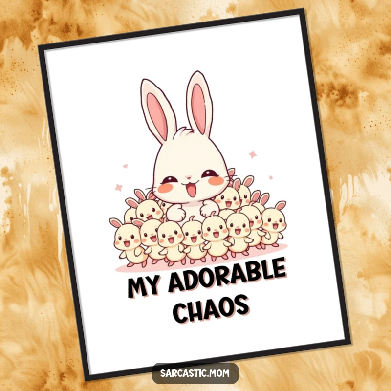 Funny Mama Bunny digital art print showing an overwhelmed mother bunny with energetic baby bunnies, ready for instant download.