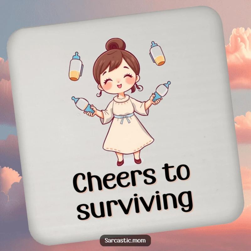 Funny Drink Coasters: A whimsical mother character juggling baby bottles, offering humorous protection for furniture surfaces.