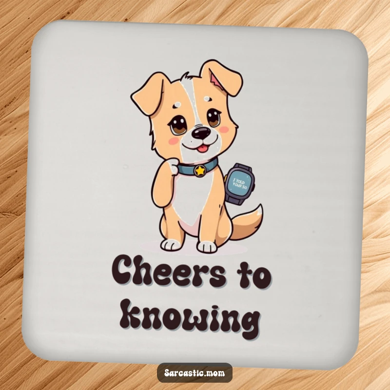 Funny Dog Mom Drink Coaster, a dog mom tapping her watch with an 'I told you so' look, adding humor to drink protection.