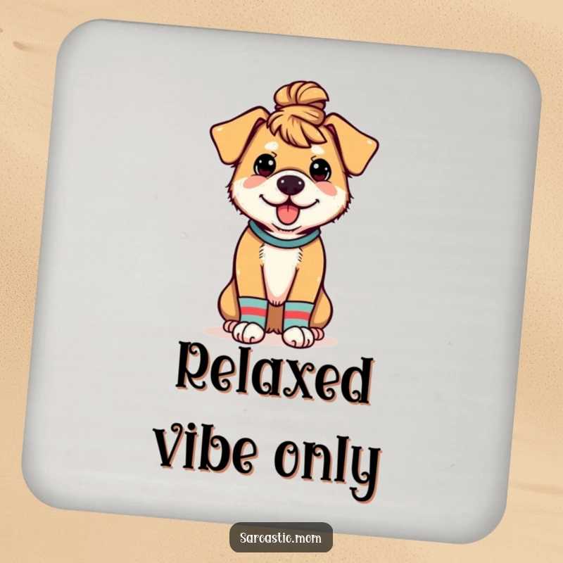 Funny drink coasters showing a dog mom with a messy bun and mismatched socks, perfect for protecting furniture with canine-themed humor.