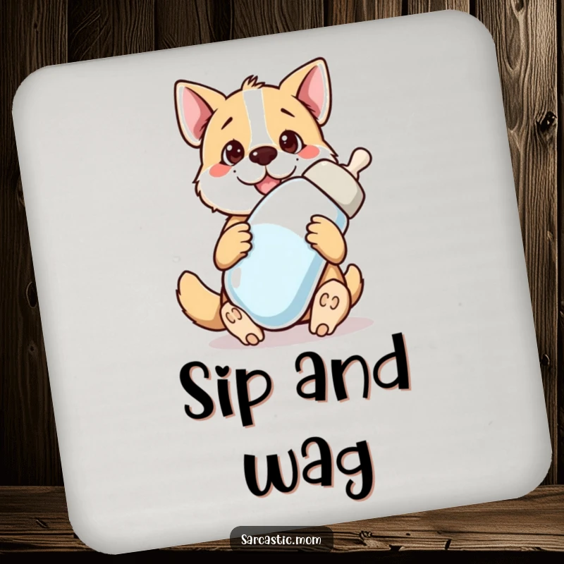 Funny dog mom giant baby bottle drink coasters, protecting furniture with a touch of funny pet mom humor.