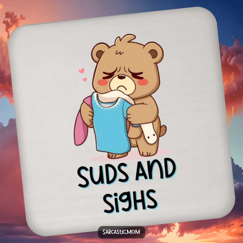 Funny Grumpy Bear Mom Drink Coaster, a sighing mama bear with laundry, adding a humorous touch to drink protection.