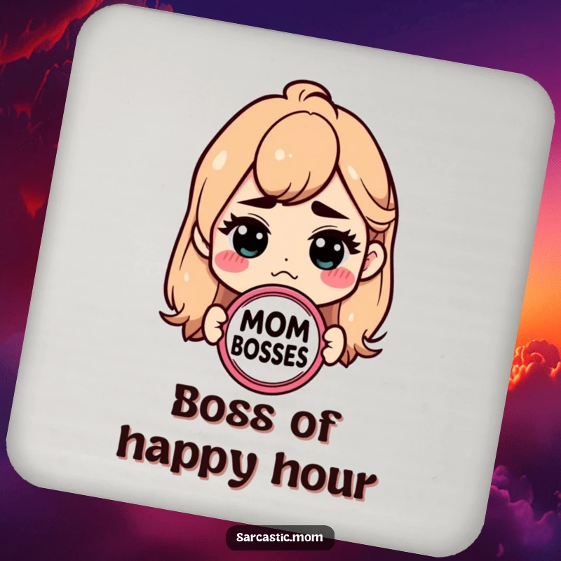 Funny Mom Boss coasters with a sarcastic badge. Humorous drinkware protection.