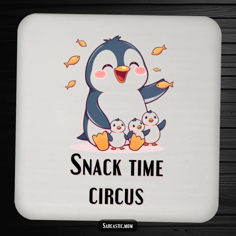 Funny Drink Coasters: A happy penguin mom juggling small fish for her chicks, offering cute protection for furniture.
