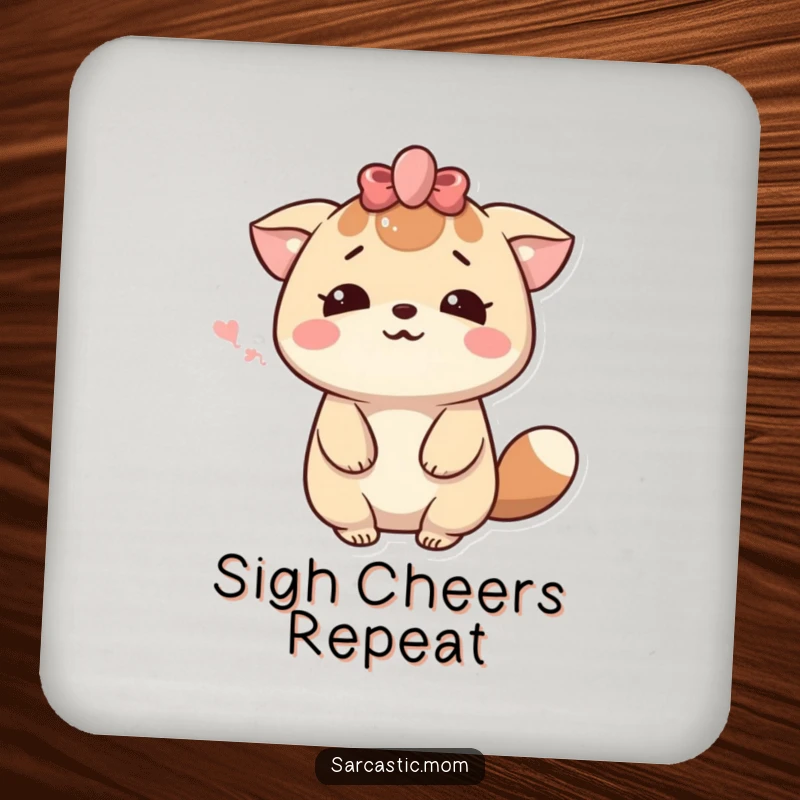 Funny Kawaii Mom Sigh Coasters featuring a cute mother animal character sighing dramatically with a smile. Protects surfaces with humor.