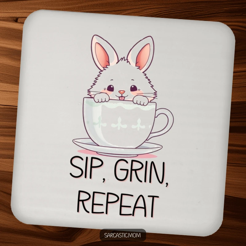 Funny fluffy bunny peeking over a steaming teacup with a mischievous grin on a drink coaster.