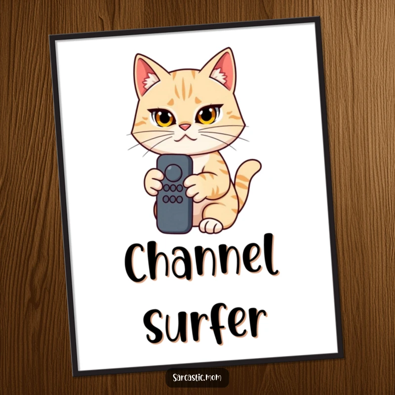 Funny Cat Mom Poster, determined woman holding a remote control, art print for TV lovers, humorous gift.