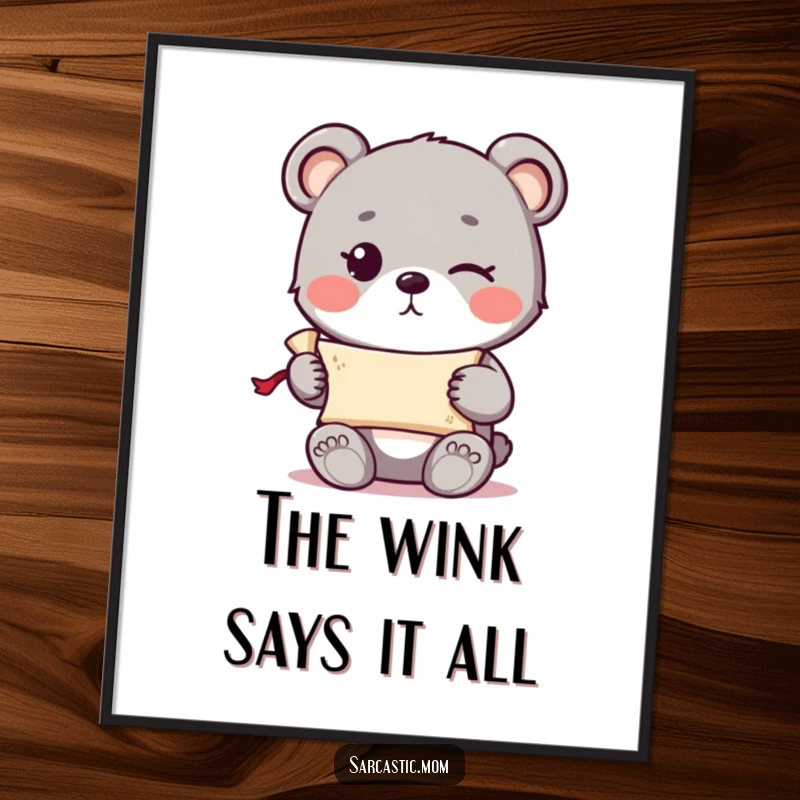 Funny cute bear cub with a knowing wink holding a tiny rolled-up scroll, presented as intriguing wall art.
