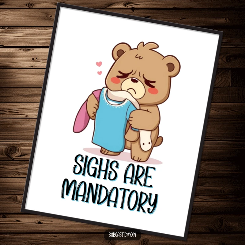 Funny Grumpy Bear Mom Poster, a mama bear sighing heavily while carrying laundry, symbolizing the shared experience of household tasks.