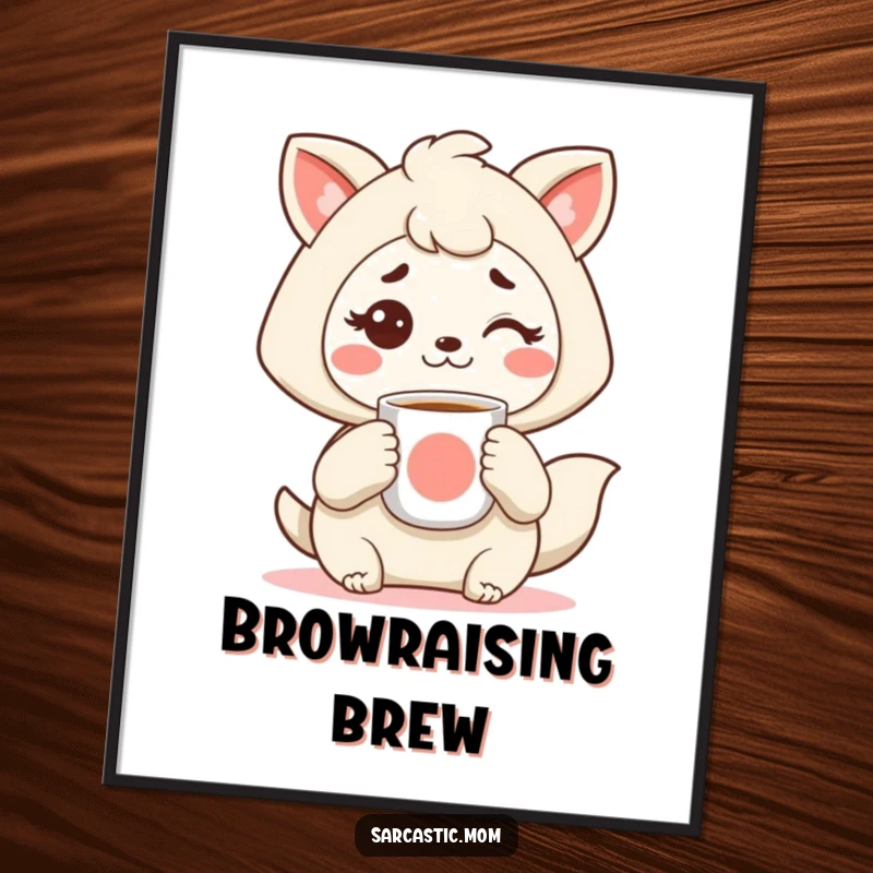 Funny Kawaii mother animal poster, holding coffee, with a raised eyebrow, a humorous art piece for any mom, a wonderful funny gift.