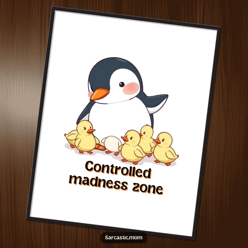 Funny poster featuring a penguin mom attempting to herd ducklings, a humorous and charming piece of wall art for mothers.