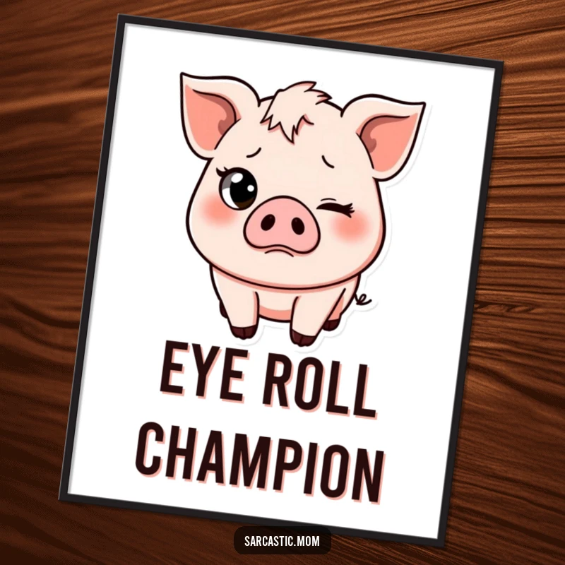Funny poster art of a pig mom character with an exaggerated eye-roll and a slight frown. This humorous illustration is perfect for wall decor.