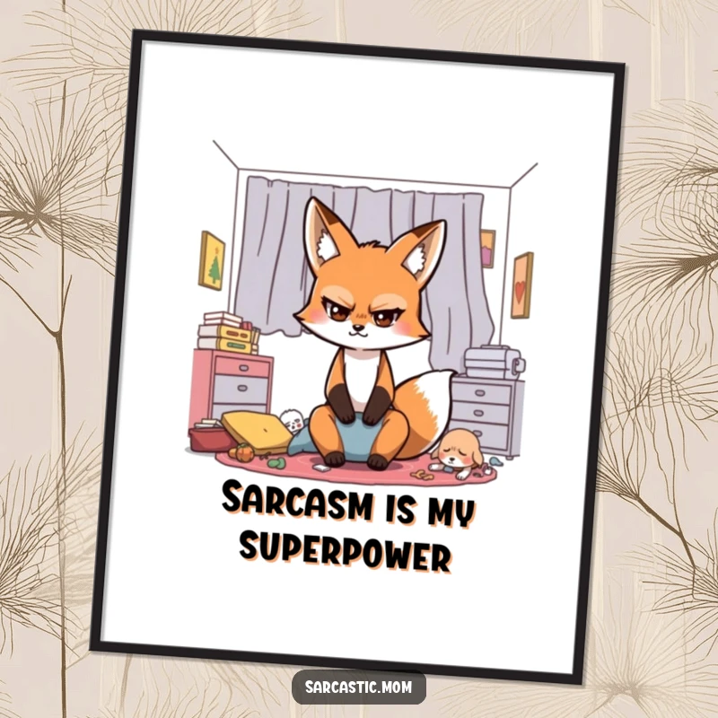 Funny Sarcastic Fox Mom Poster, a dramatic eye-roll from a fox parent, illustrating the relatable humor of household messes.