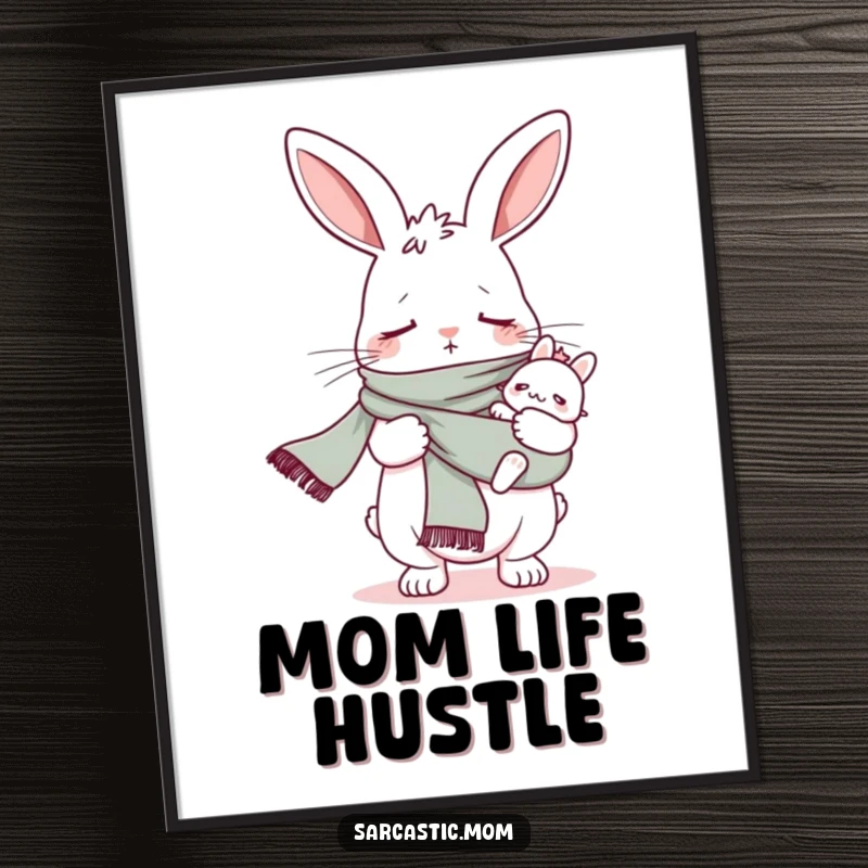 Funny bunny mom with a baby sling scarf, illustrated as a poster, capturing humorous parenting moments.