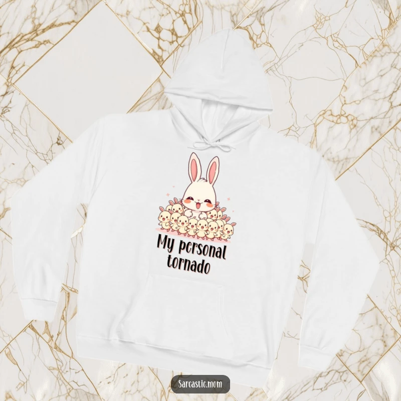 Funny Mama Bunny hoodie featuring an overwhelmed mother bunny surrounded by energetic baby bunnies, ideal for cozy relaxation.
