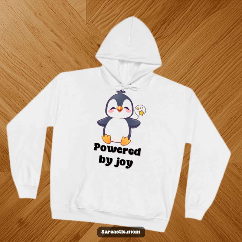 Funny penguin hoodie, giggling and holding a speech bubble bursting with stars, looking cozy and magical. An heartwarming funny gift.