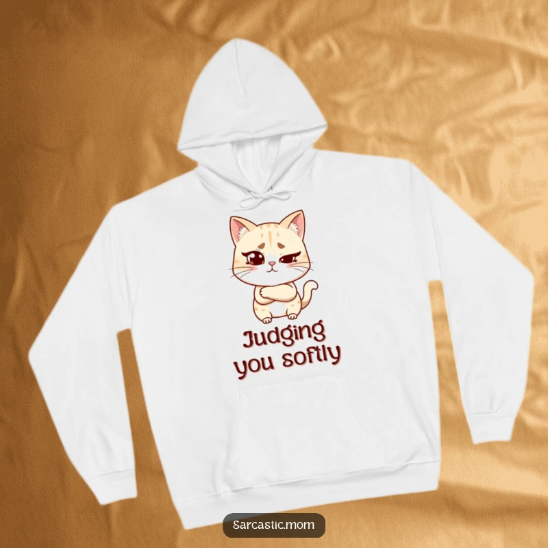 Funny cat mom hoodie showing a woman with a raised eyebrow and crossed arms, radiating skeptical judgment and cozy comfort.