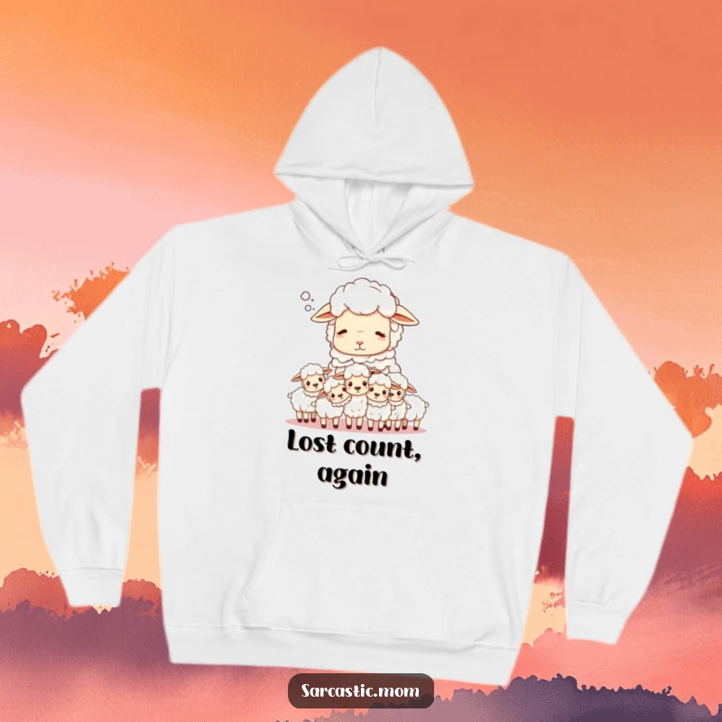 Funny Sheep Mom Hoodie: A mother sheep lets out a weary sigh while counting her boisterous flock of lambs.