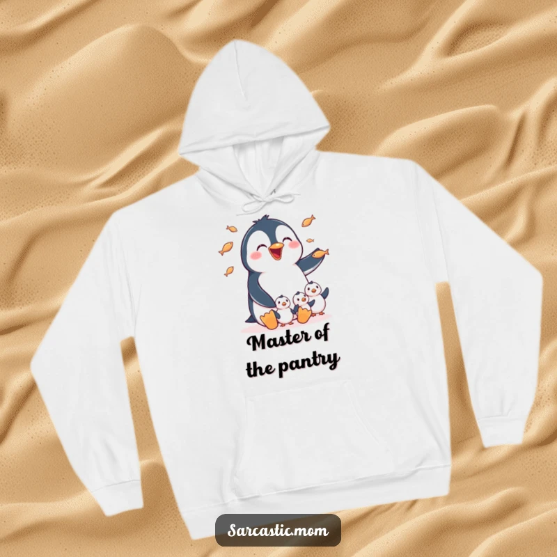 Funny Hoodie: A joyful penguin mother juggling tiny fish to feed her chicks, offering comfort and a heartwarming design.