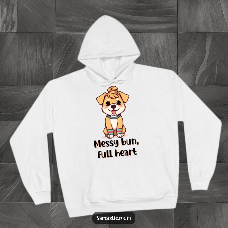 Funny hoodie showcasing a dog mom in a messy bun and mismatched socks, ideal for cozy days with furry friends.